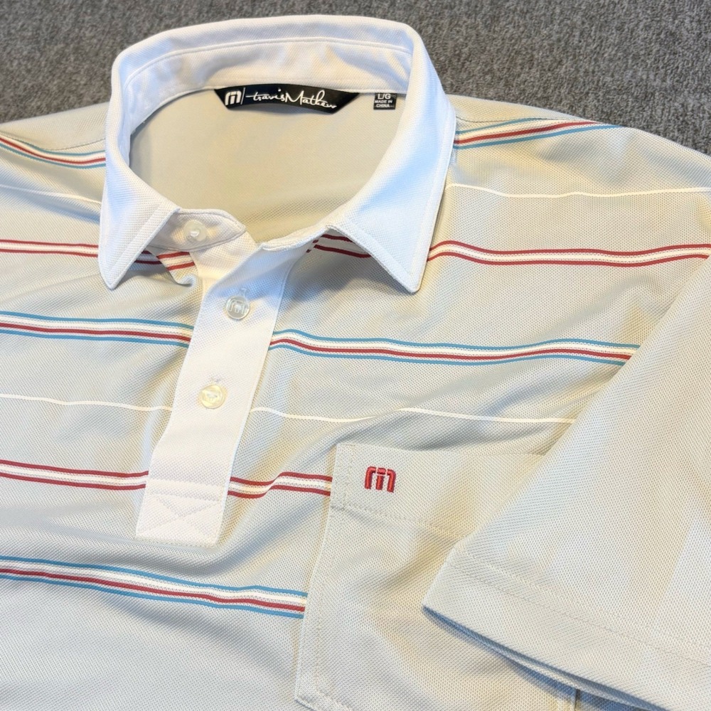 Travis Mathew Golf Polo Shirt Mens Large Striped Performance Casual
